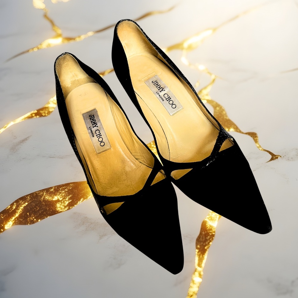 Jimmy Choo Adina Heels — Black Suede & Snakeskin — EU 38.5 / US 8